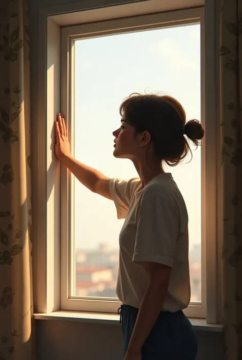 Example 3: Open a window, person opening a window. that the distance between the arm and the window can be seen, that is, the person in profile.
