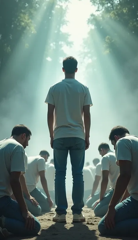 A man&#39;s back view wearing blue jeans and a white short-sleeved shirt standing among the crowd，Several people bowed their heads and knelt to pay tribute to him.，The background is in the forest，Wearing modern clothes, White, And soft colors in a circle i...