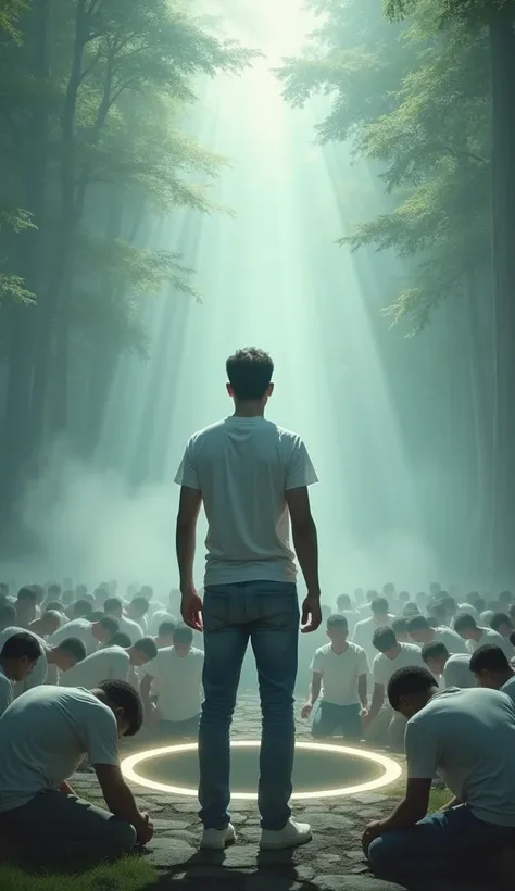 A man&#39;s back view wearing blue jeans and a white short-sleeved shirt standing among the crowd，Several people bowed their heads and knelt to pay tribute to him.，The background is in the forest，Wearing modern clothes, White, And soft colors in a circle i...