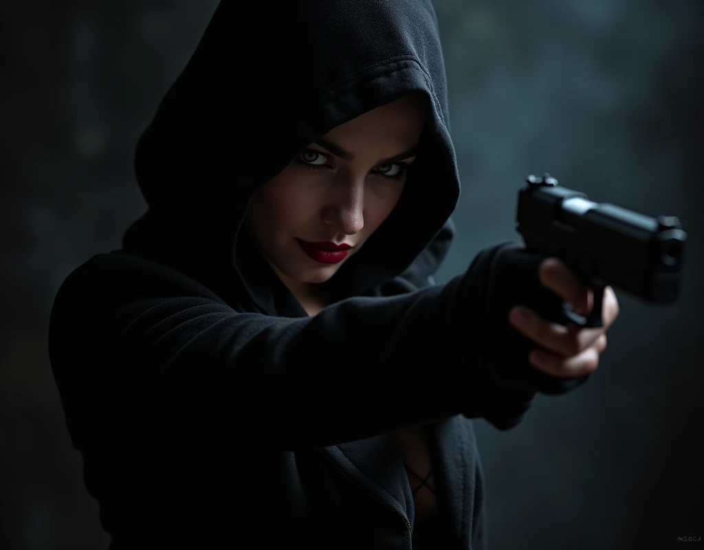 A beautiful assassin, aiming in the dark, restrained killing, lips smiling slightly, ruthless but beautiful,