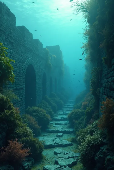 Create an image of the Great Wall of China submerged underwater after 10 years. Show sections of the wall partially covered in aquatic vegetation, with marine life swimming around. The stones are weathered and cracked, with some parts overgrown by corals. ...