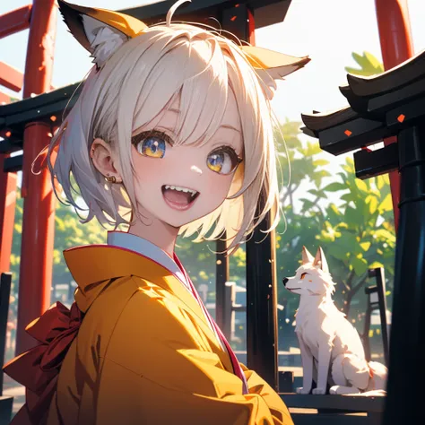 (8k, RAW Photo, Top Quality, Refined Details, Masterpiece: 1.2), (High Resolution 8k Wallpaper), Sharp Focus, Professional Lighting, Depth of Field, Cinematic Lighting, Background Blur, (1Girl:1.5),(A humanoid fox girl),(short hair featuring a yellow and o...