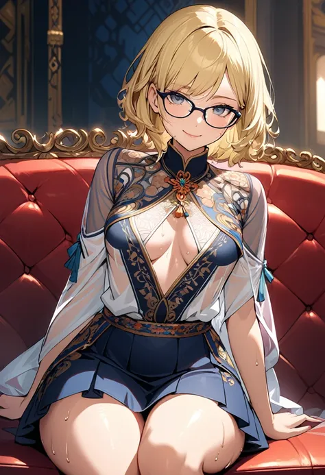 Exquisite micro-details, elaborate ornamentation, complex structures, minute ele, Meticulous details, fine textures, intricate patterns, precise rendering,Half-Russian, half-Japanese beauty with short blonde hair and glasses. Sweaty, sloppy Y-shirt reveali...