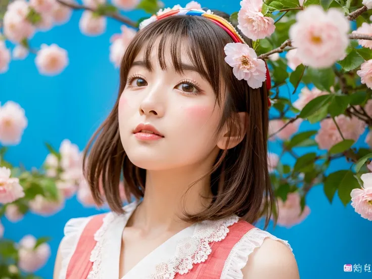 Japanese Shrine Maiden、whole body、halo、High quality,Japanese idol,18yo,expressionless,look at viewer,medium bob hair, brown hair,Colorful flower crown in primary colors, brown eyeshadow, light pink cheek,eyeliner, beige lipstick, glossy lips, pink dress wi...