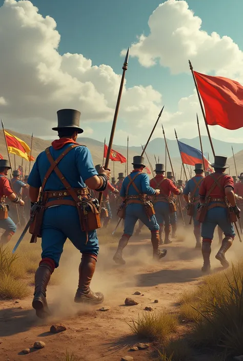 A battle scene between Venezuelan soldiers in blue uniforms with alpargatas and lances and Spanish soldiers in red and white uniforms during the Venezuelan War of Independence