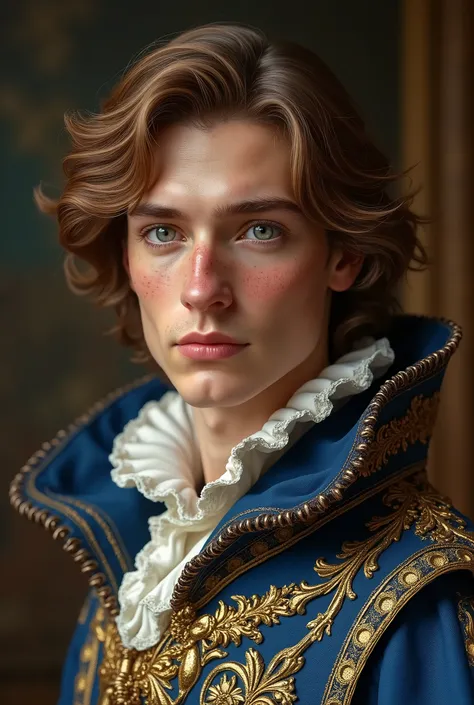 photorealism:1.2), Handsome Renaissance prince, light brown wavy hair with golden highlights, blue hazel eyes, fair skin, blue and gold Renaissance clothing. freckles on the nose, high nose. symmetrical face, strong jaw 