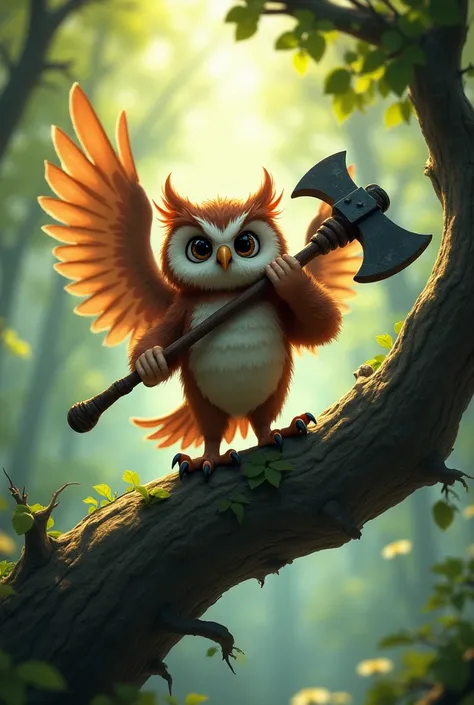 an animated owl standing on a tree carrying an axe in its arms