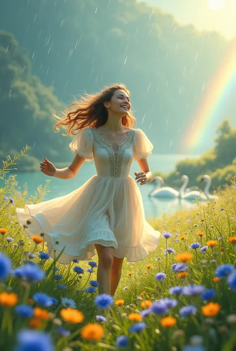 Beautiful vintage girl of 25 years age running through blue violet yellow flowery field in yellowish orange sun light when rain, rainbow , breeze, happiness, joy with vintage dress , green valley, swans , purple fairytale dressdress with sleeves and long f...