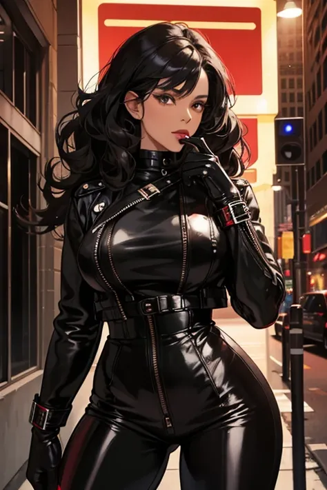 A muscular black mature woman with natural curls and black hair standing on the street at night wearing a black leather jacket, black patent leather leggings, and red patent leather gloves　Prostitute　tobacco