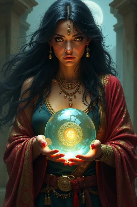 Robust gypsy with black hair holding a crystal ball with CAMI BET written inside. 