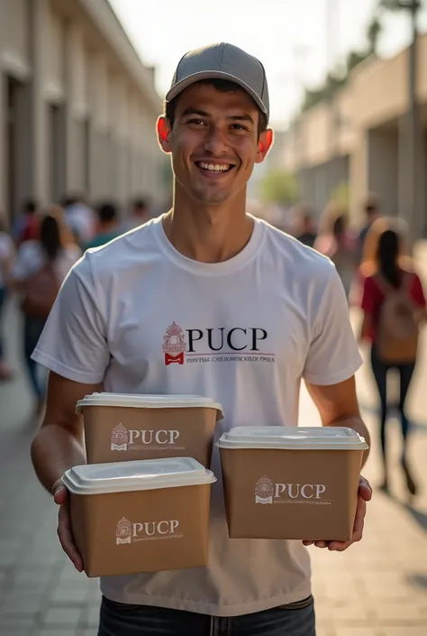 Young white man handing out food containers with the name of the PUCP at the PUCP
