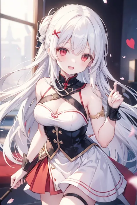 1girl, Solo, Long Hair, Smile, Red Eyes, Hair Clip, Best Quality ,High Resolution, White Hair, Breasts, Smile, Open Mouth, Blurry Foreground, Anime Style, 