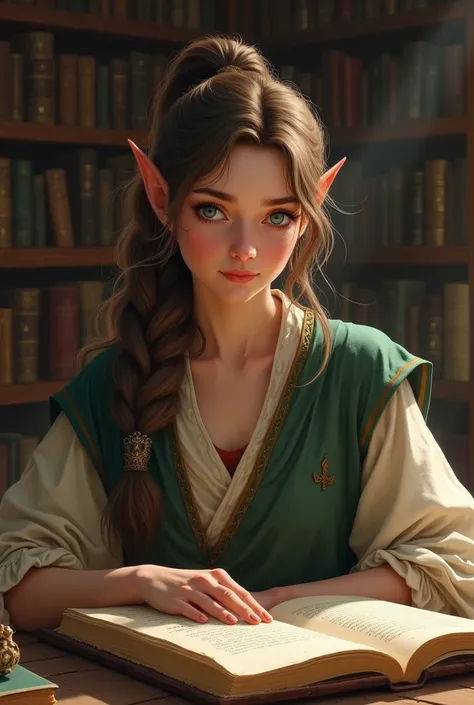 mature elf woman, brown hair, ponytail hairstyle, blue eyes, studying old manuscripsts