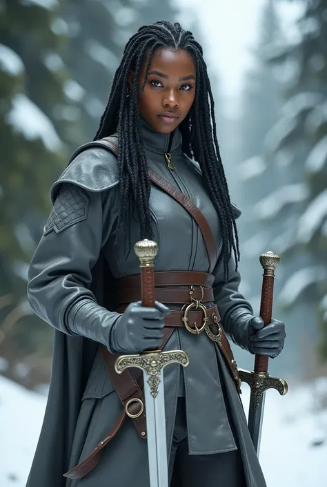 Young black skinned woman with orange background, with braids, light brown eyes in gray leather fighting attire with two swords in snowy forest