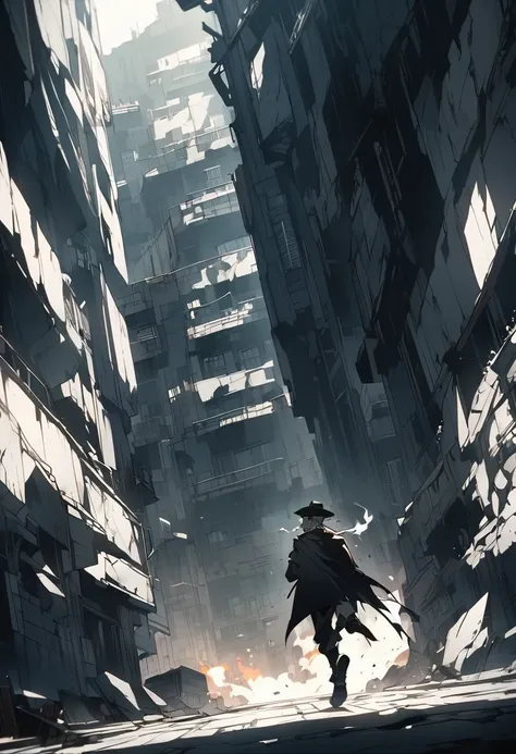 Man with a bandage on his right eye, smoking, wearing a black hat, and black clothes with a long black cape, running through the city deteriorated. Anime style seen from the side 