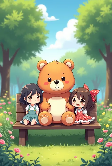 Cute bear with small children clothe with big eyes and cute face.anime style sit on banch of garden 