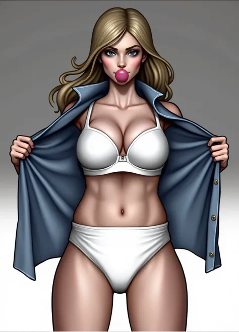 (masterpiece, best quality)), ((((perfect anatomy)))), ((Buff)) Norwegian ((woman)) with long blonde hair, dark eyeshadow, dark blue eyes, blowing bubble gum, opening blue shirt, ((white high cut panties)), White bra, wide hips, in a locker room, realistic...