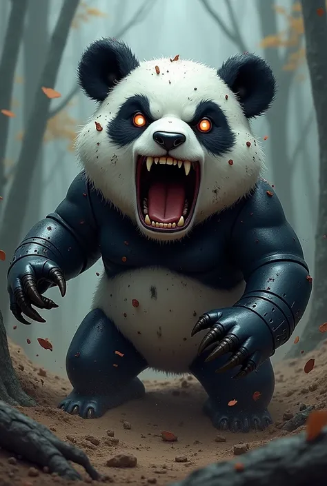 A metallic evil cartoon panda bear coming out of the ground opening its mouth with sharp teeth