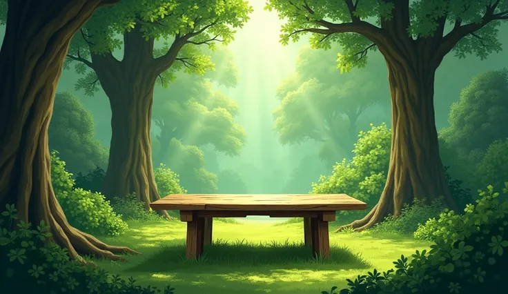 A quiet green place with a table 

