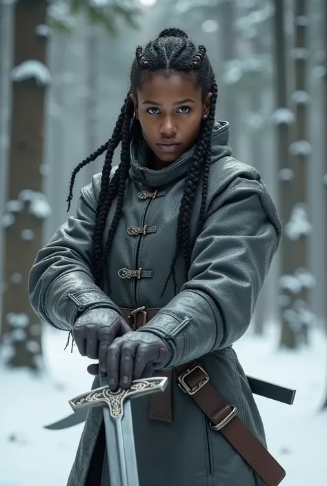 Young black skinned woman with orange background, with braids, light brown eyes in gray leather fighting attire with two swords in snowy forest