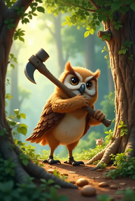 an animated owl chopping down a tree carrying an axe in his arms