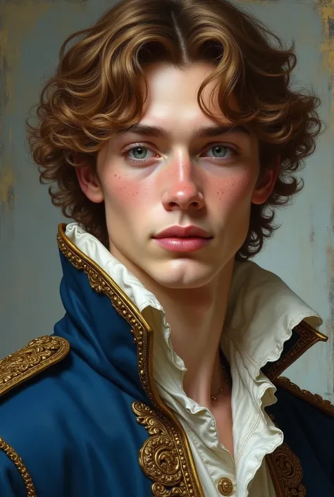 photorealism:1.2), Handsome Renaissance prince, light brown wavy hair with golden highlights, blue hazel eyes, fair skin, blue and gold Renaissance clothing. freckles on the nose, high nose. symmetrical face.  Innocent gesture.