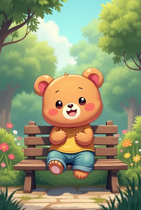 Cute bear withclothe with big eyes and cute face.anime style sit on banch of garden 