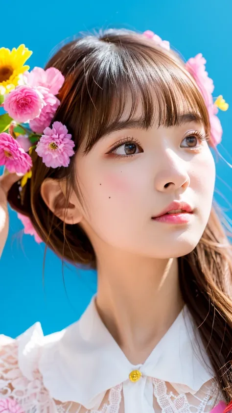 Shrine maiden、goddess、High quality,Japanese idol,18yo,expressionless,look at viewer,medium bob hair, brown hair,Colorful flower crown in primary colors, brown eyeshadow, light pink cheek,eyeliner, beige lipstick, glossy lips, pink dress with frills and lac...