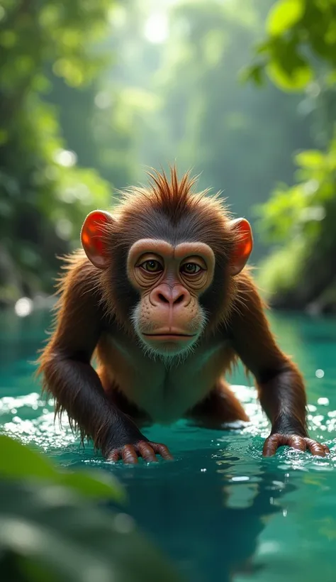 A wet and visibly exhausted brown monkey slowly emerging from a lake in the middle of a lush and beautiful rainforest. In 3D animated style.