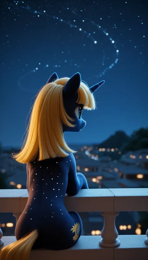 A beautiful unicorn pony from mlp, dark blue fur and small white dots, yellow mane, blue eyes, Night, night sky, sits on a Sci-fi balcony and looks at the stars, rear view, apparently backs