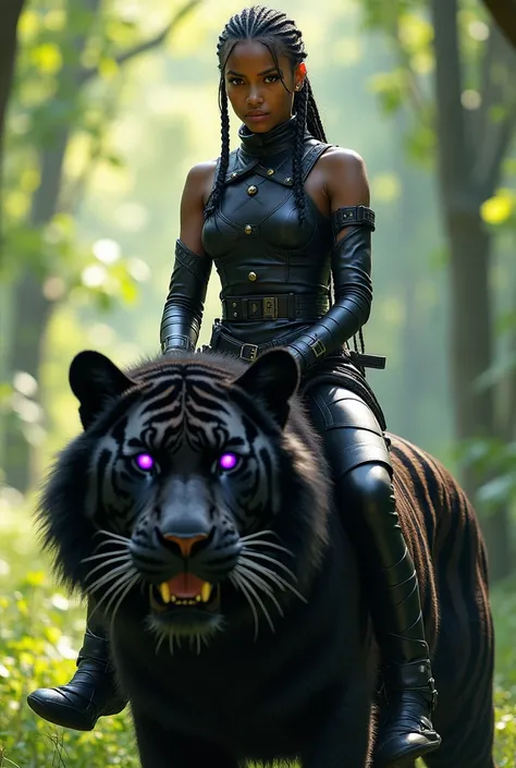 Young black skinned woman with orange background, with braids, lightbrown eyes, with pointy ears, with black leather fighting gear, on top of black tiger with purple eyes, in forest during the day 