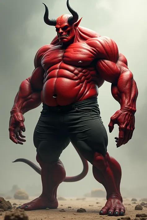 A big red muscular demon in strechpants and theres a reflection of his massive dick struggling to fit in his pants