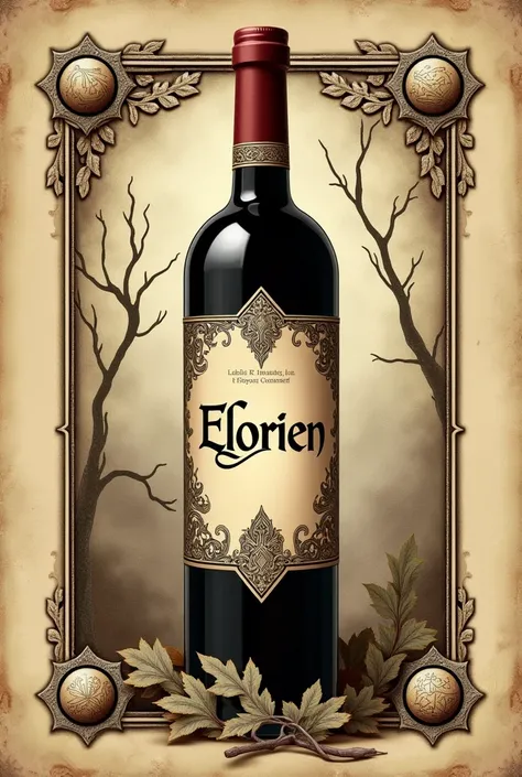 Brand Name, logotype, Logo, elven wine, The Lord of the Rings, Tolkien, Qenya, lingua elfica, language of the elves, wine brand, Mediovale, spherical details, old wine, tolkien elves, big logo e estilizado ao centro, name eatilizado, big logo, detailed sur...