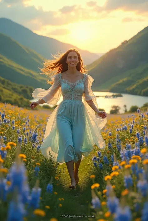 Beautiful vintage girl of 25 years age running through blue violet yellow flowery field in yellowish orange sun light when rain, rainbow , breeze, happiness, joy with vintage dress , green valley, swans , purple fairytale dressdress with sleeves and long f...