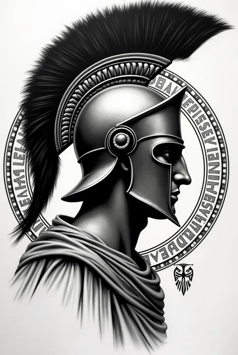 Black and white dotted tattoo of a profile with a highlighted Spartan helmet, with an elaborate background characteristic of the time. 