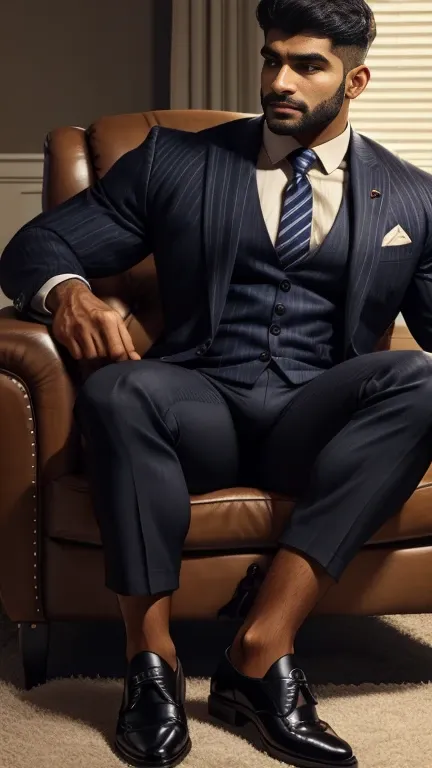 arafed indian man with his perfect big monster penis is coming out from pant in a suit and striped socks sitting on a chair, bla...