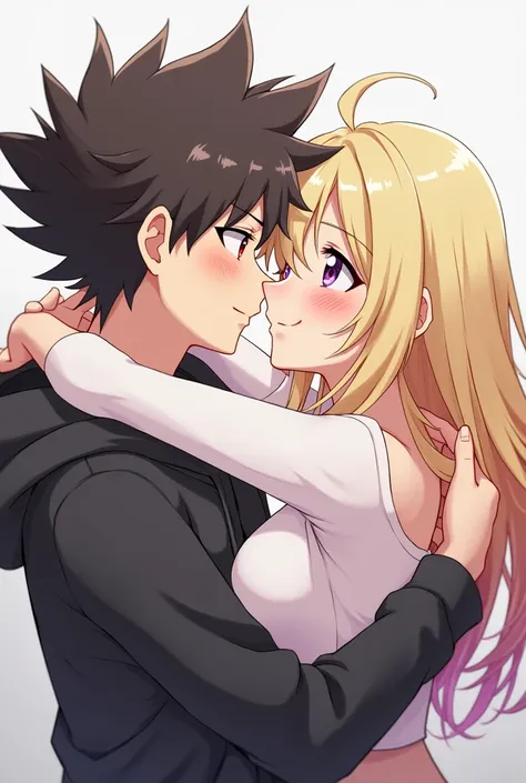 Anime boy ((( Spiky hair , black hair , black hoodie , red eyes , narrowed eye  ))) ,  Anime girl ((( blonde hair , long wavy hair , purple eyes , friendly eyes , open shoulders long sleeve t shirt , white t shirt ))) hugs , kisses 