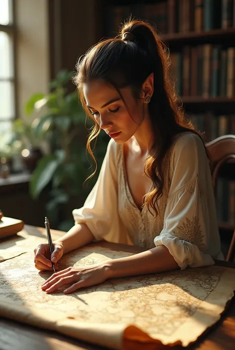 (((mature))) elf woman, brown hair, ponytail hairstyle, blue eyes, wearing an elvish silk dress, studying old maps