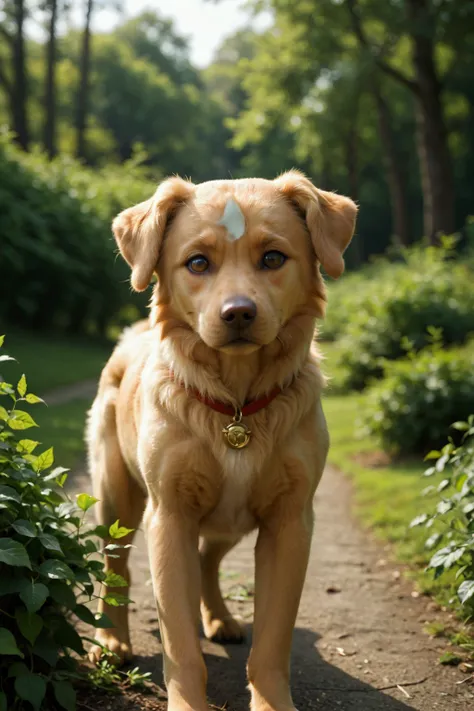 fluffy golden retriever puppy, natural expression, white fur with slightly darker ears, lying down, relaxed pose, looking ahead ...