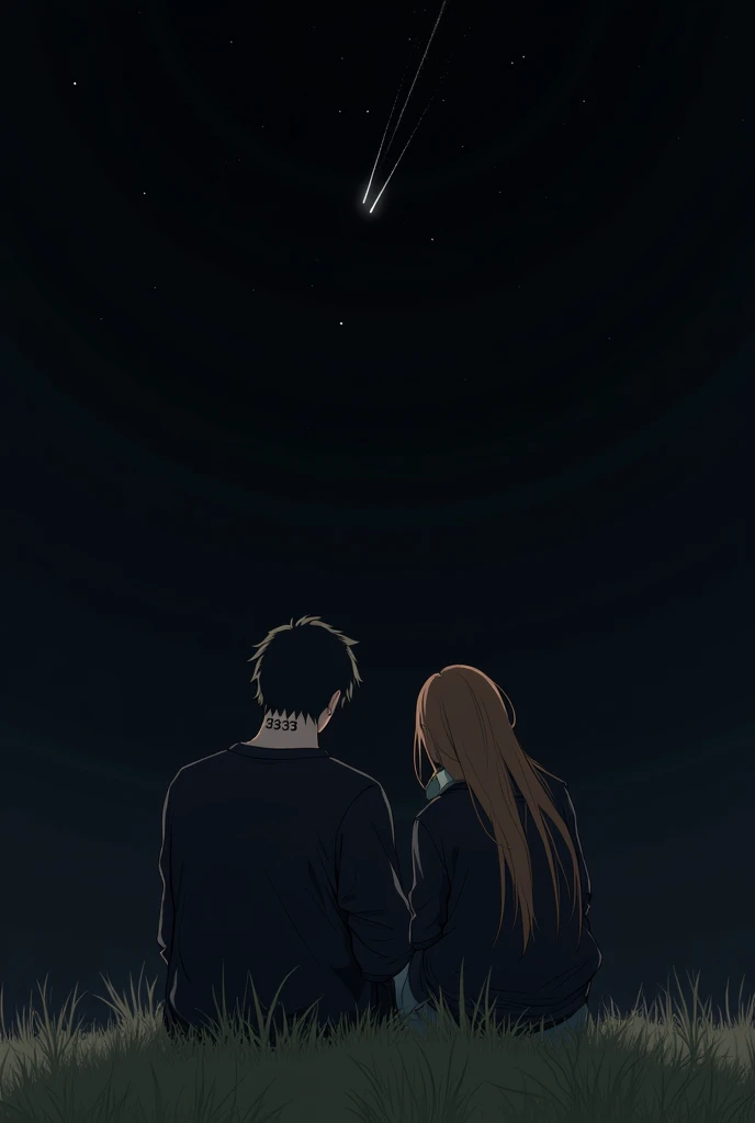 A black-haired man wearing a black jacket and a tattoo on the side of his neck that says 333 and a long-haired brown-haired woman wearing a black turtleneck sweatshirt  , The two are sitting on a grass field , They are watching a shooting star pass in an a...