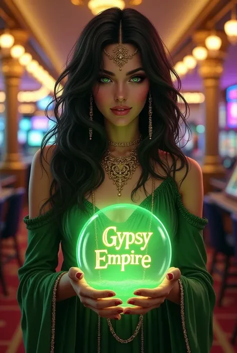 Smiling gypsy with black hair and a green dress in a casino holding a crystal ball with GYPSY EMPIRE written inside. 
