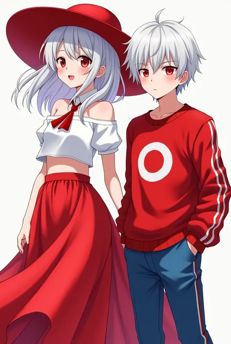 I want a girl with a red hat and white hair and with red clothes that are a top and some old sleeves and that has a red skirt and that has white skin and that has red eyes and that is like an anime character that has no background but that is an adult, put...