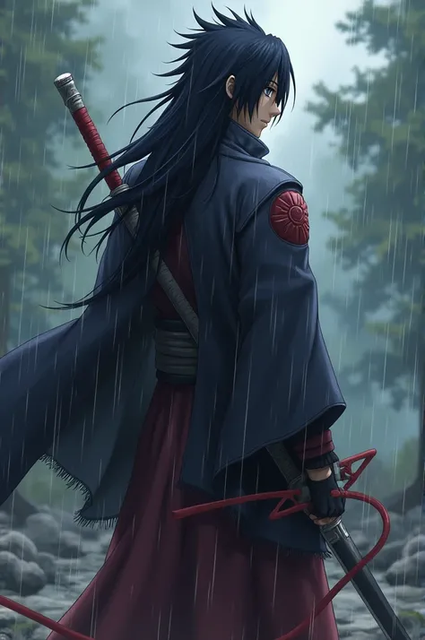 Sasuke uchiha,with one rinnegan and one saringan,in his right hand sword,long hair, raining, Standing in natural background 
