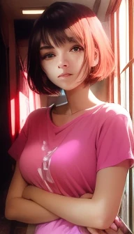 Short straight hair, pink short-sleeved t-shirt, holding someone, standing pose, looking at the camera, smooth skin, indoor environment with some blue and red elements in the background, natural lighting with light coming from the left, casual and warm atm...