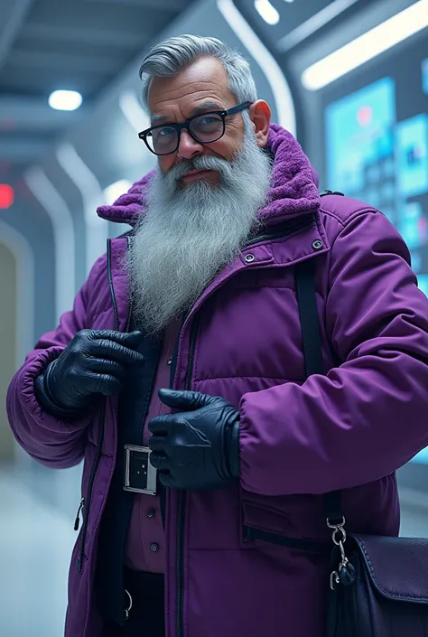 Create a realistic Santa Claus of the future with slightly younger clothes. Purple jacket and shirt inside, not the traditional Santa Claus one. With gray hair, ruler cut, short beard, dark glasses, tik tok gift giver