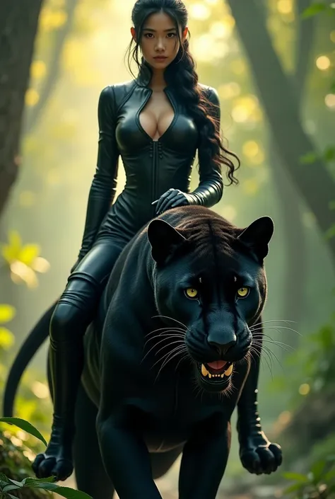 Young woman with Japanese features, with black hair in a single braid, with black leather uniform, on top of black panther in forest at daytime