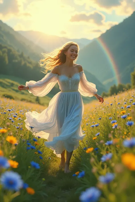 Beautiful vintage girl of 25 years age running through blue violet yellow flowery field in yellowish orange sun light when rain, rainbow , breeze, happiness, joy with vintage dress , green valley, swans , purple fairytale dressdress with sleeves and long f...