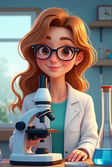 Disney Pixar cartoon of a woman wearing ross frame glasses, tender light brown eyes, light honey brown hair with wavy blonde, small nose ,beautiful smile is a biochemist working in a laboratory manipulating her microscope who is her friend, happy, friendly...