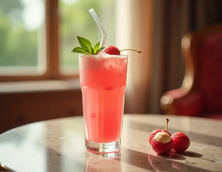 A beautifully arranged lychee smoothie in a glass, placed on a stylish table. The scene is set in a luxurious hotel room, with a focus on the smooth, vibrant colors of the lychee smoothie. The photo is taken by hand, capturing the elegance of the setting a...