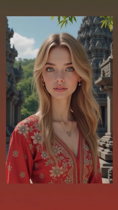 Blonde girl, blue eyes, wear kebaya from java indonesia, background candi prambanan